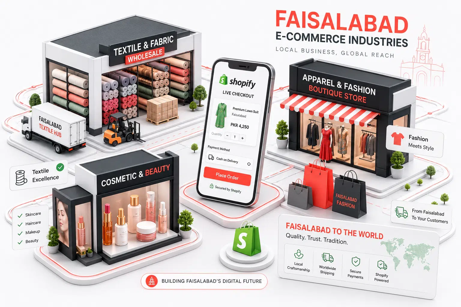 Industries served by Shopify developer including textile, retail, beauty, and D2C brands in Faisalabad